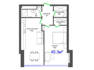 Планировка 1-комнатной квартиры в На Пришвина, 4А
