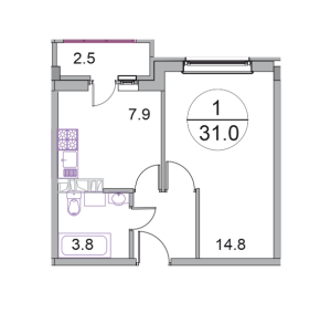 Планировка 1-комнатной квартиры в Новое Бисерово 2