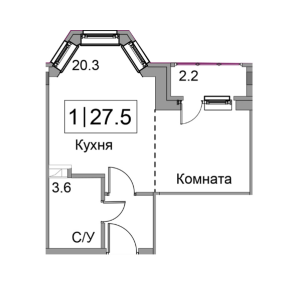 Планировка студии в Новое Бисерово 2 - тип 1
