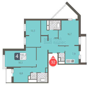 Планировка 4-комнатной квартиры в мой адрес В Зеленограде - тип 1