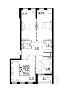 Планировка 3-комнатной квартиры в Город