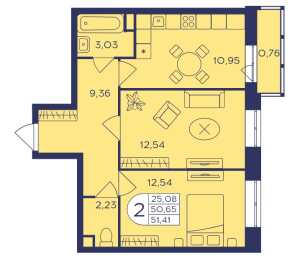 Планировка 2-комнатной квартиры в Героев