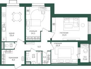 Планировка 3-комнатной квартиры в Зеленая вертикаль