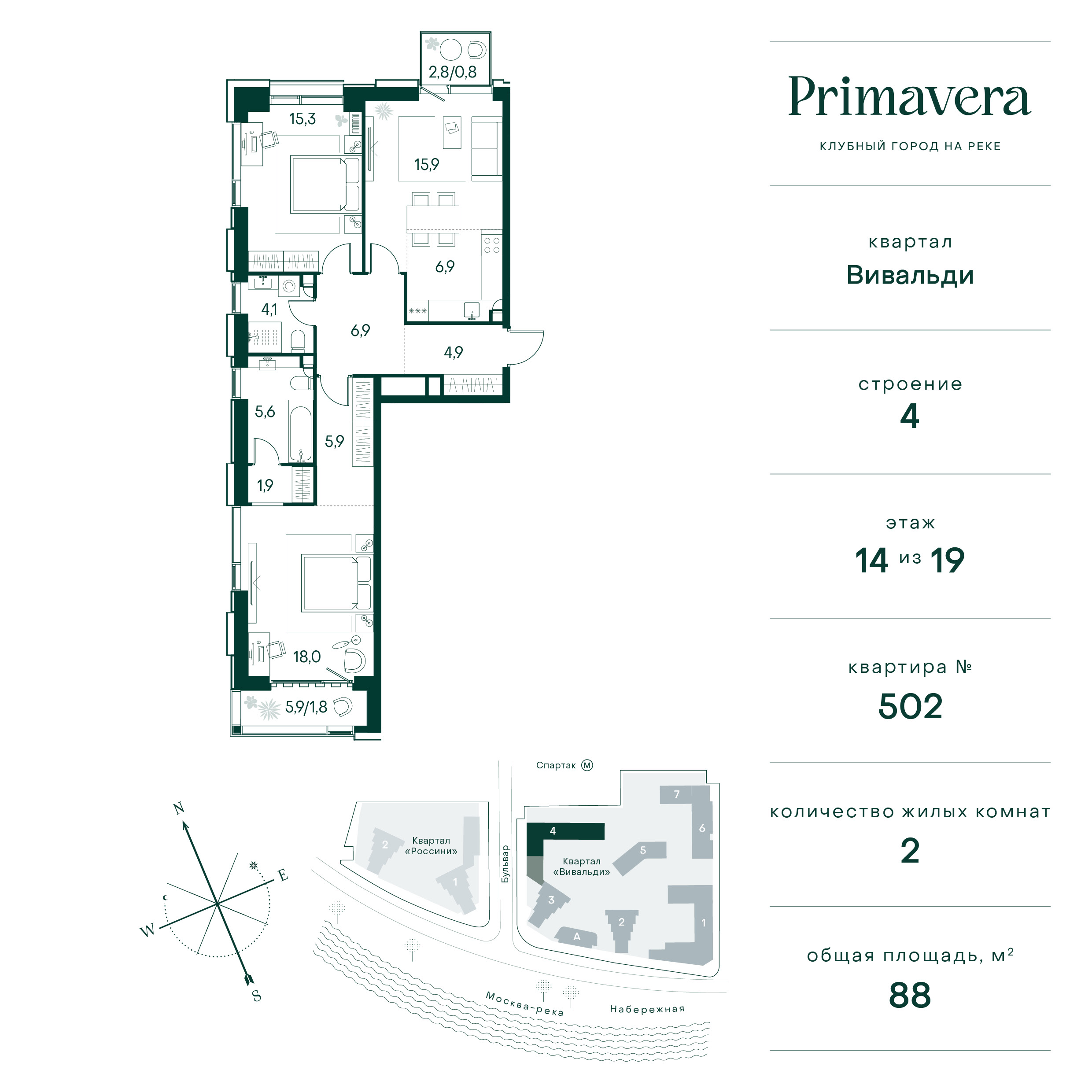 2 комн. квартира, 88 м², 14 этаж  (из 19)