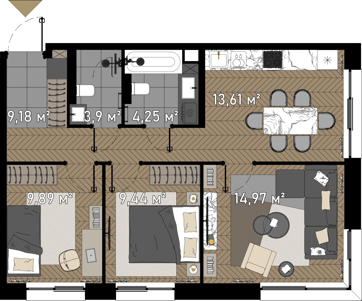 3 комн. квартира, 65.2 м², 10 этаж  (из 23)