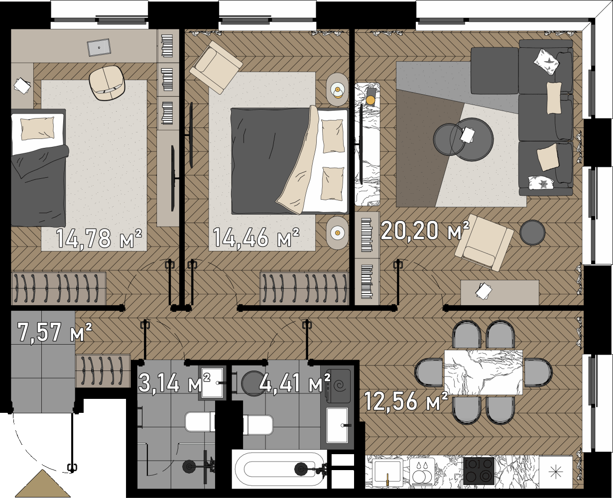 3 комн. квартира, 77.1 м², 16 этаж  (из 23)