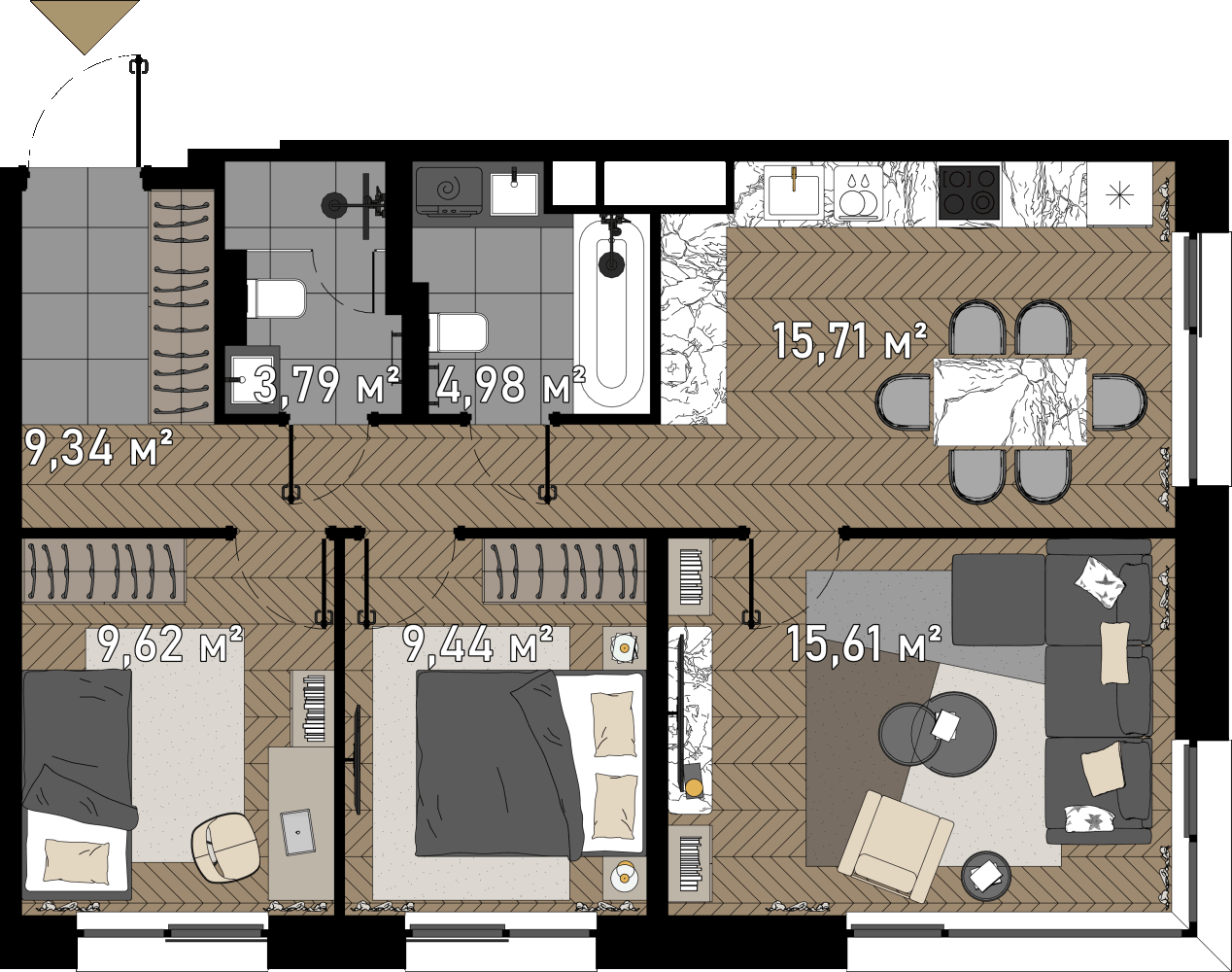 3 комн. квартира, 68.5 м², 9 этаж  (из 23)
