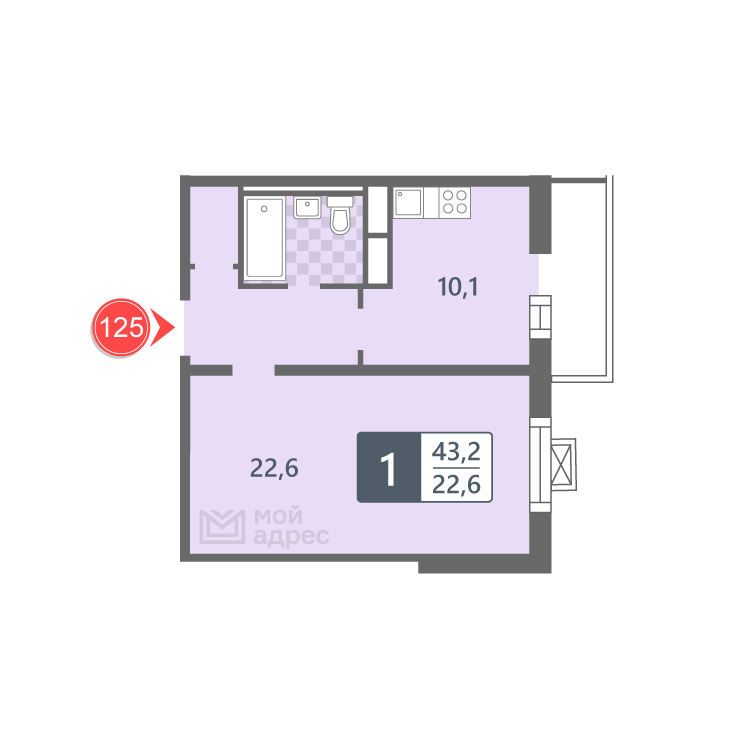 1 комн. квартира, 43.2 м², 18 этаж 