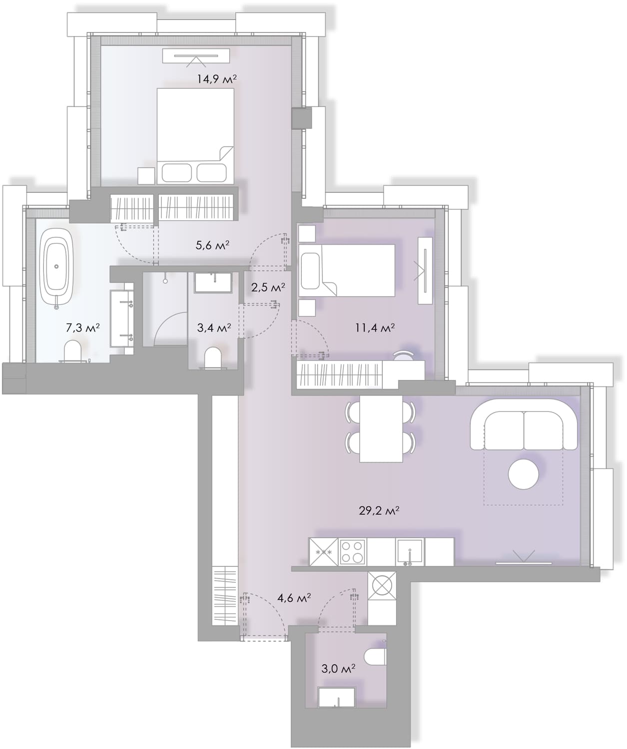 2 комн. квартира, 82.4 м², 3 этаж  (из 8)
