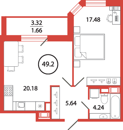 1 комн. квартира, 49.2 м², 9 этаж 