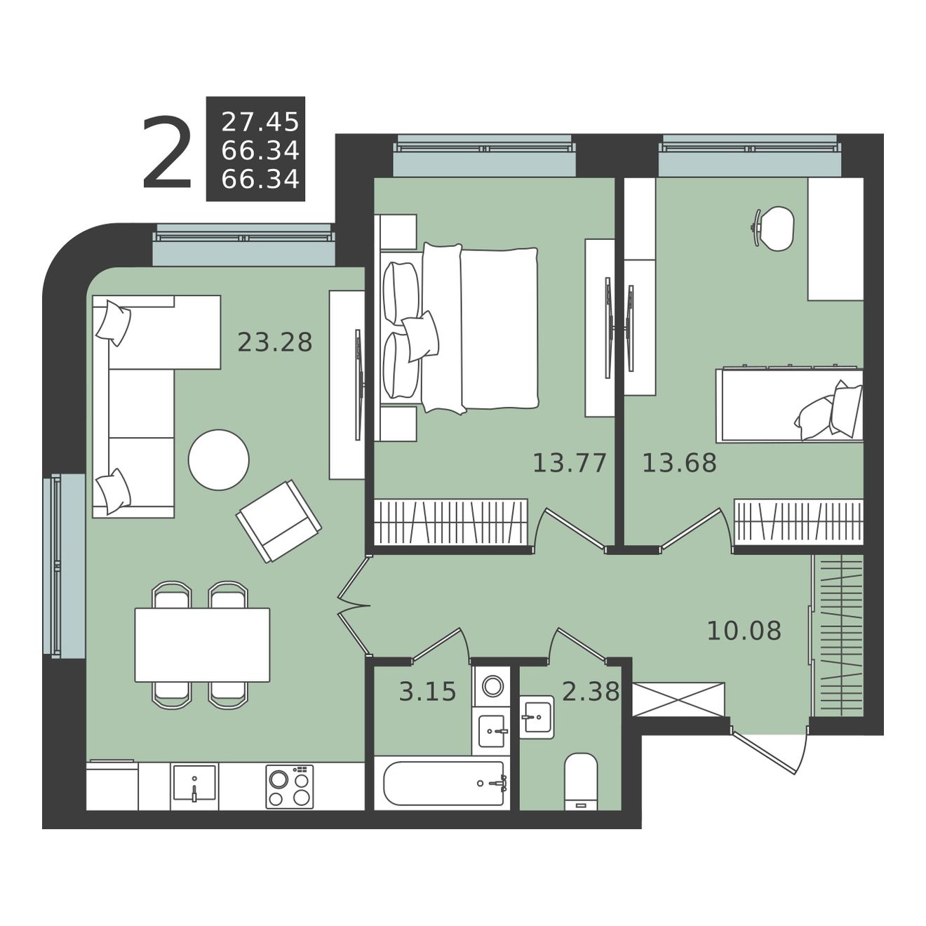 2 комн. квартира, 66.3 м², 1 этаж 
