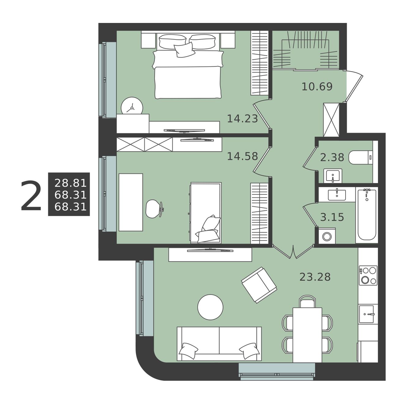 2 комн. квартира, 68.3 м², 1 этаж 