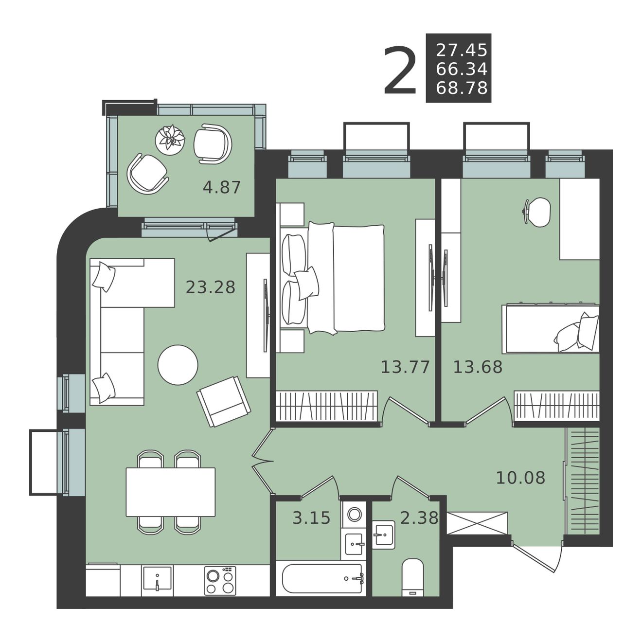 2 комн. квартира, 68.8 м², 2 этаж 
