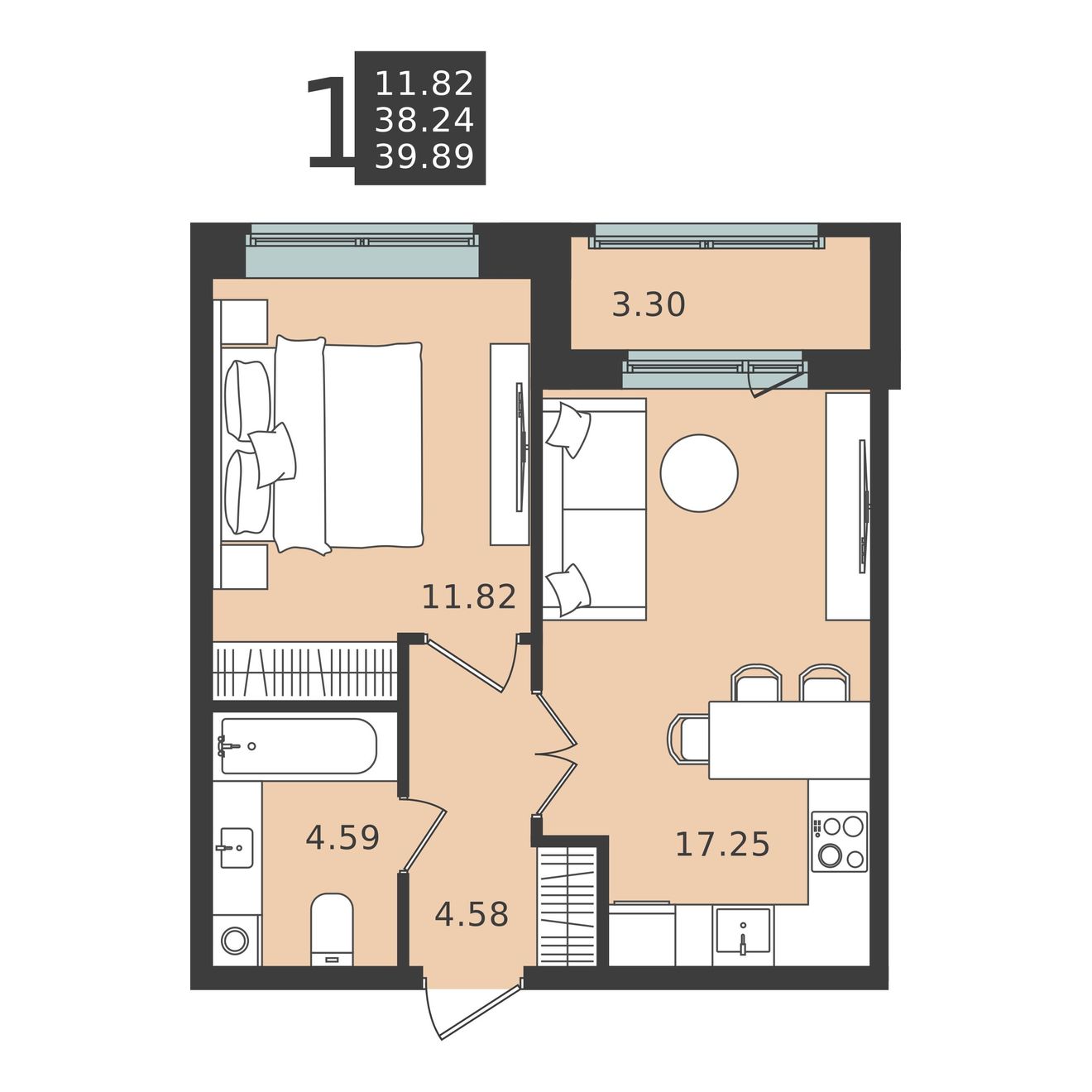 1 комн. квартира, 39.9 м², 1 этаж 