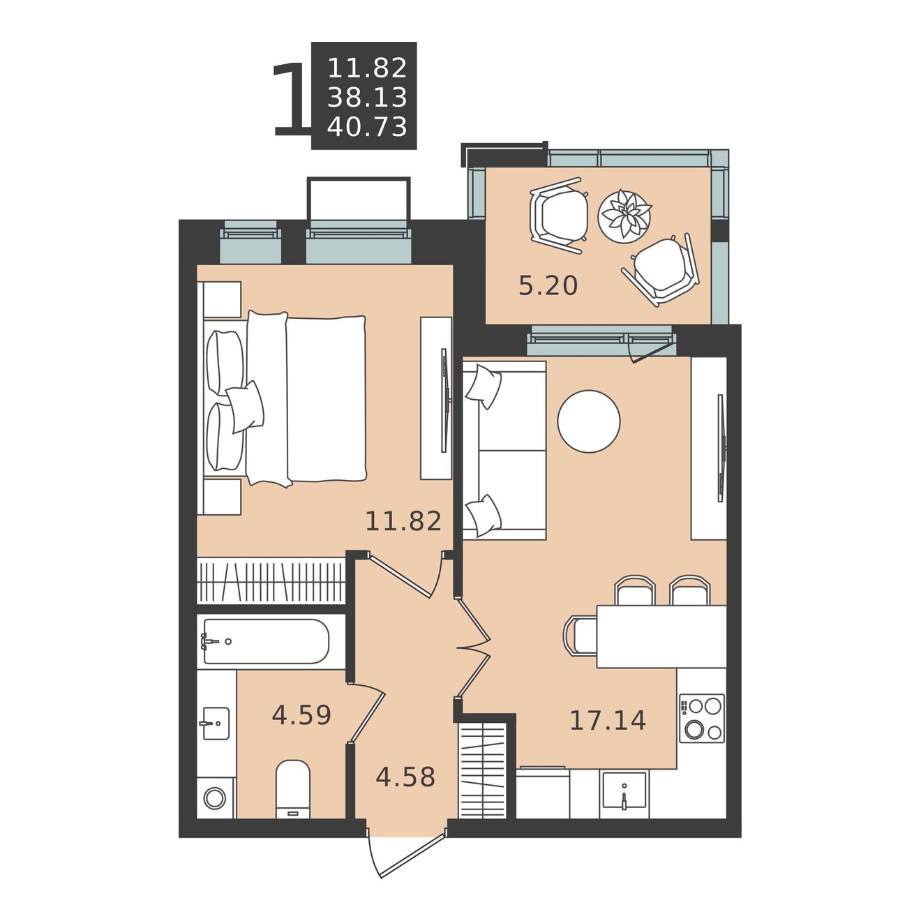 1 комн. квартира, 40.7 м², 4 этаж 