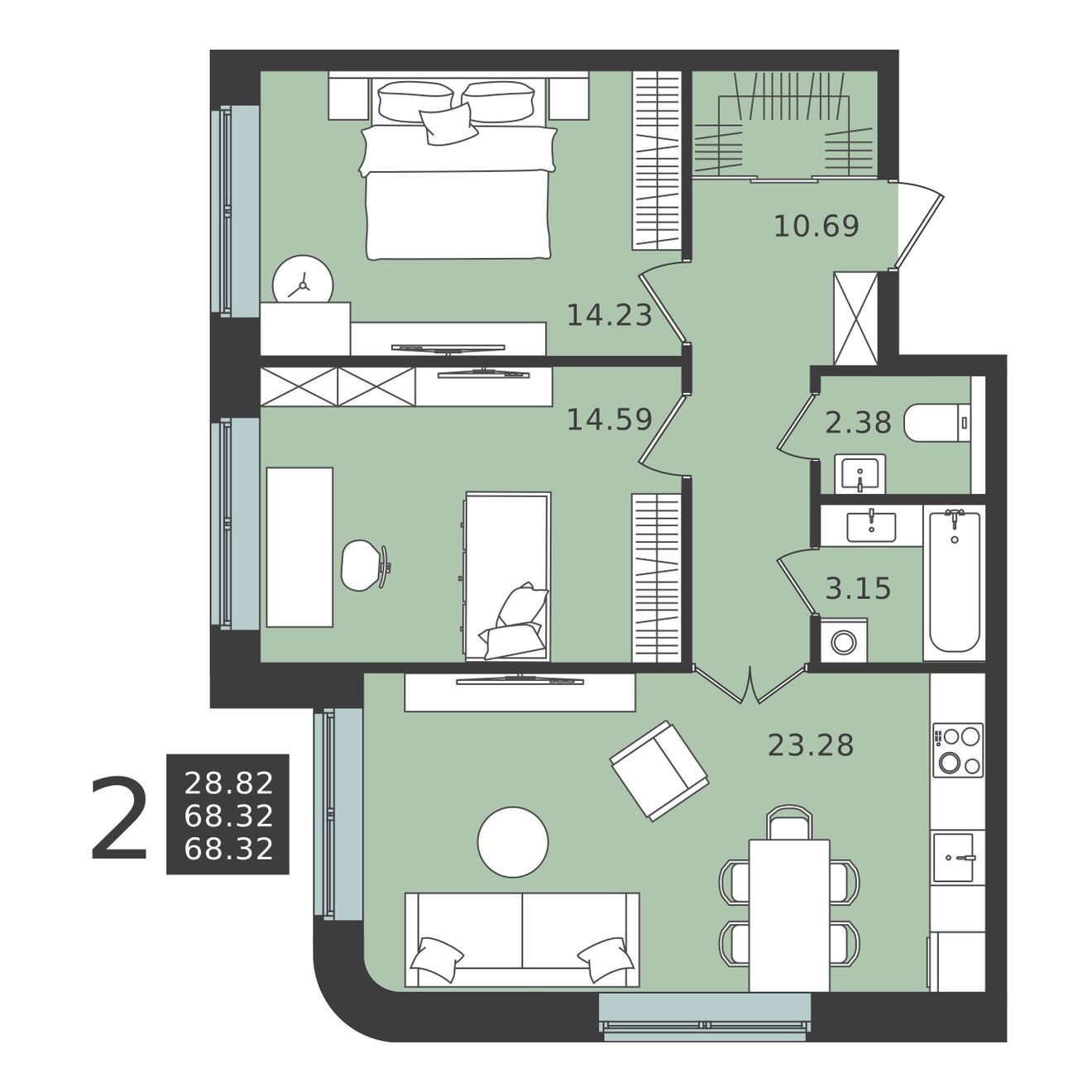 2 комн. квартира, 68.3 м², 1 этаж 
