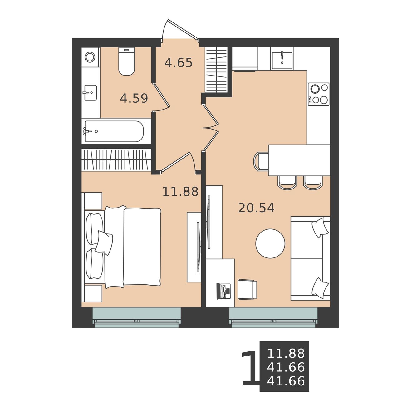 1 комн. квартира, 41.7 м², 1 этаж 