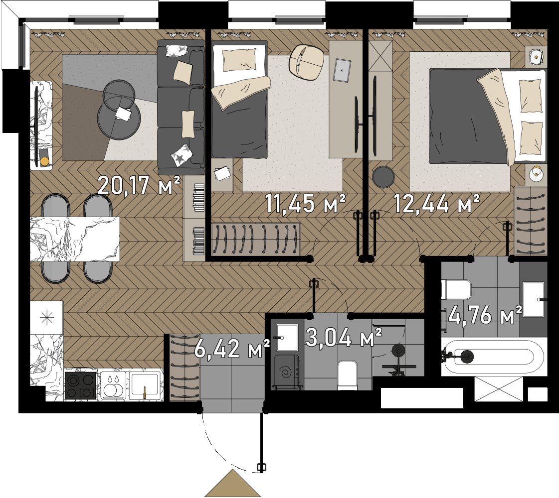 2 комн. квартира, 59.4 м², 17 этаж  (из 23)