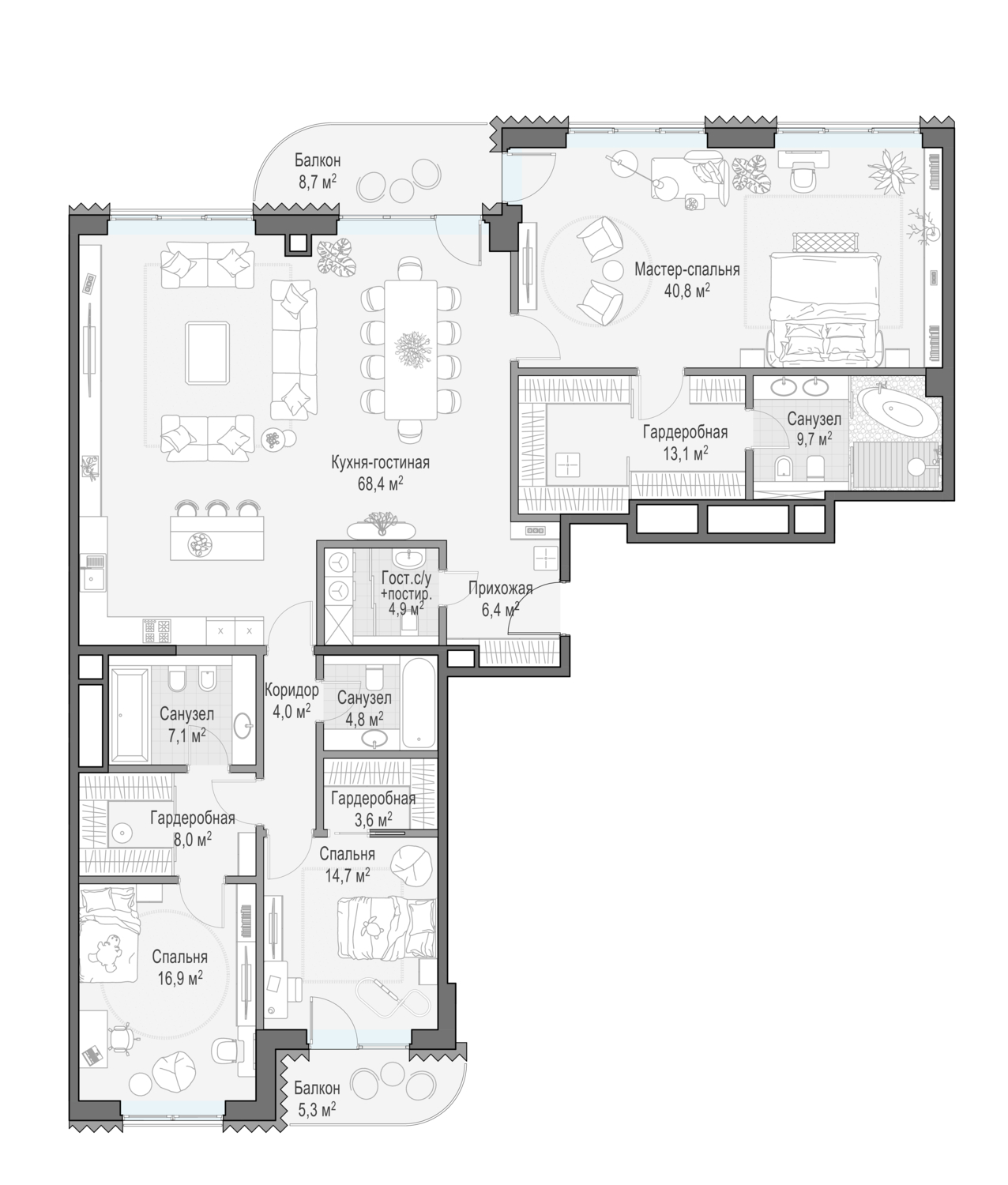 3 комн. квартира, 205.1 м², 5 этаж  (из 8)