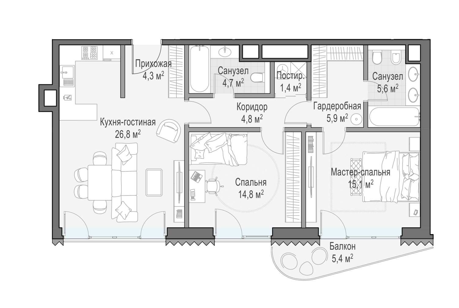 2 комн. квартира, 85.6 м², 4 этаж  (из 14)