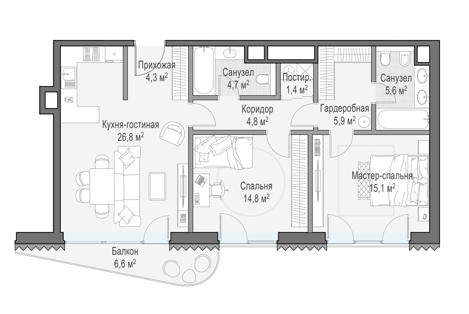 2 комн. квартира, 86.1 м², 7 этаж  (из 14)