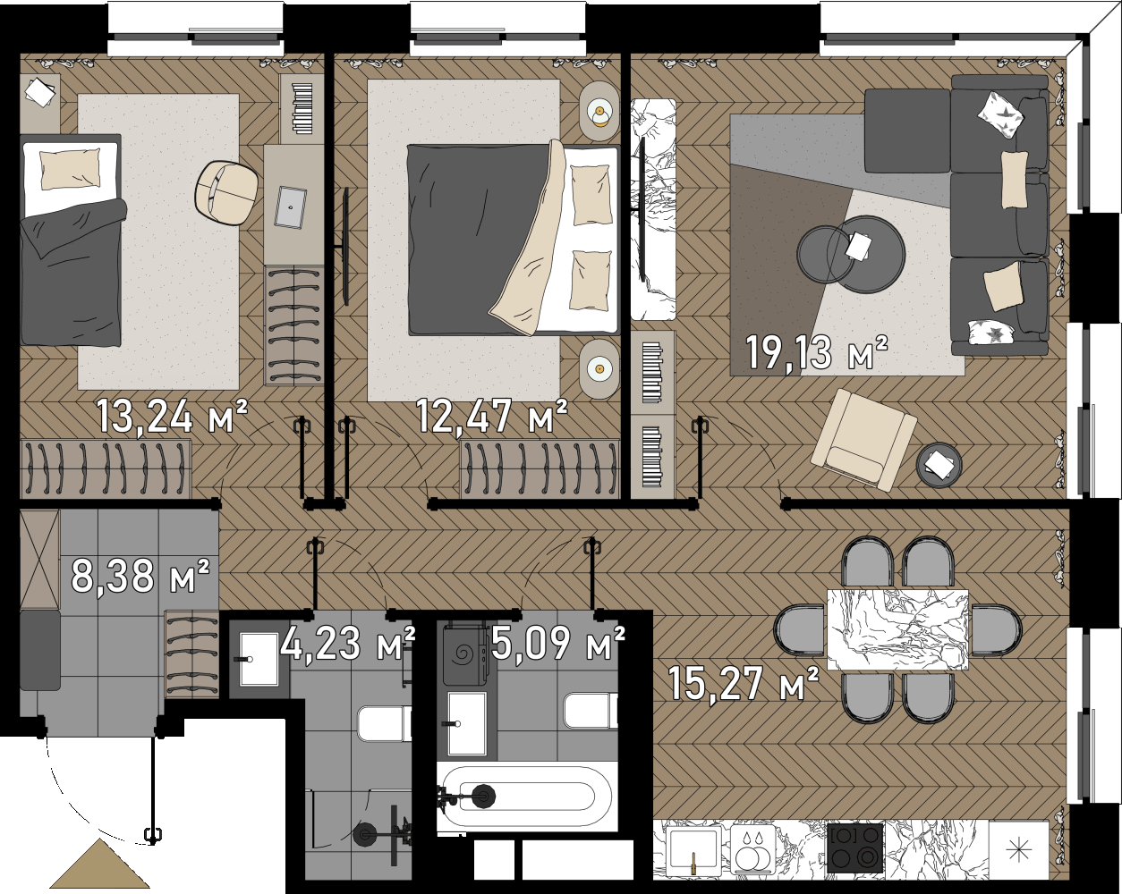 3 комн. квартира, 77.8 м², 20 этаж  (из 23)
