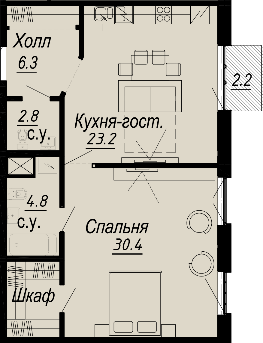 квартира со свободной планировкой, 68.6 м², 6 этаж 
