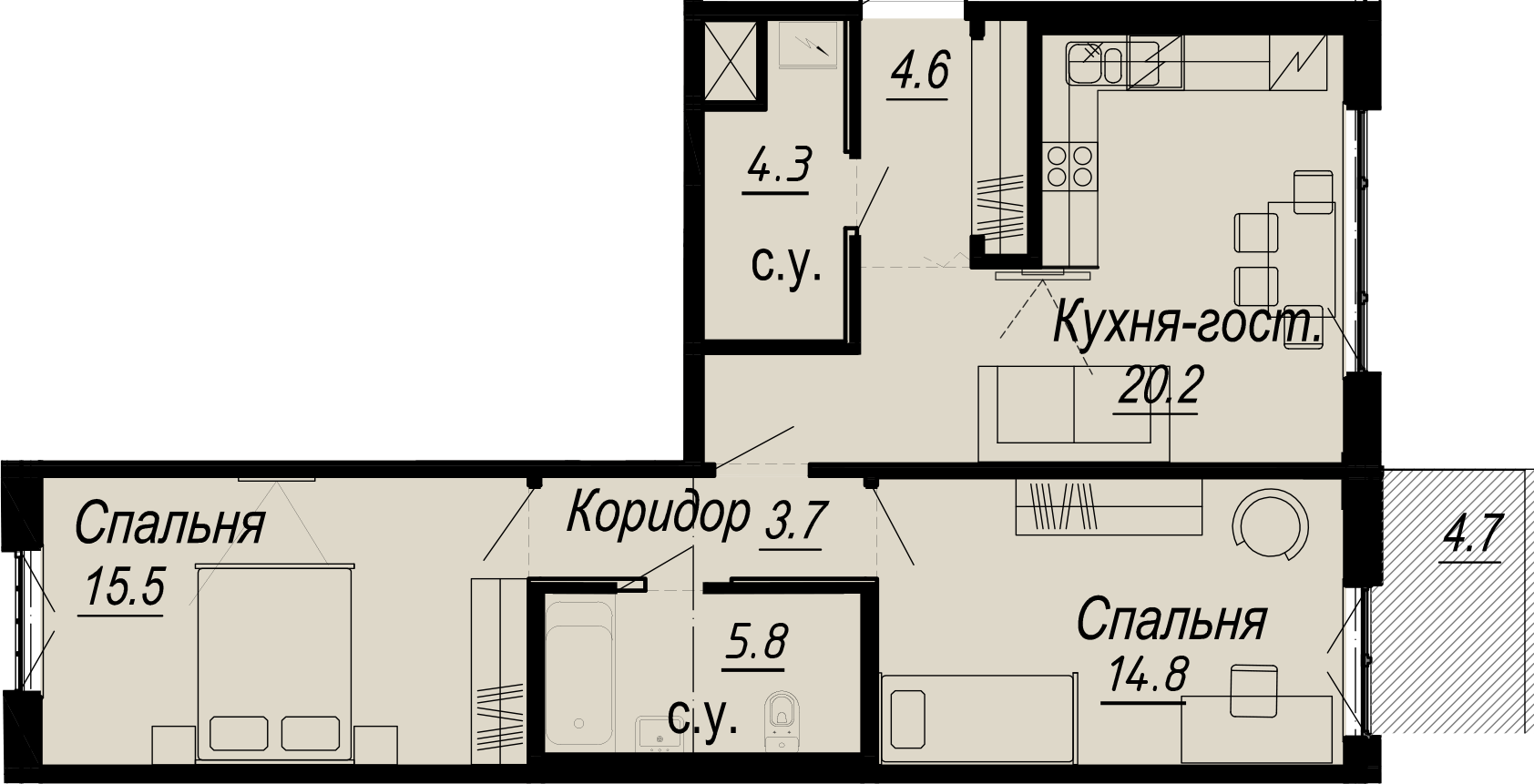 2 комн. квартира, 70.2 м², 6 этаж 