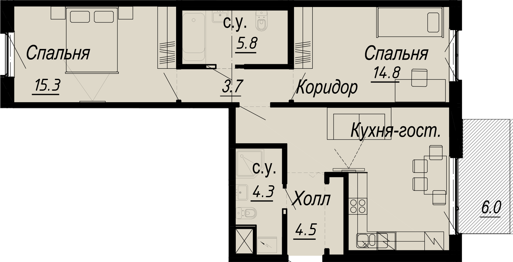 2 комн. квартира, 71.5 м², 6 этаж 