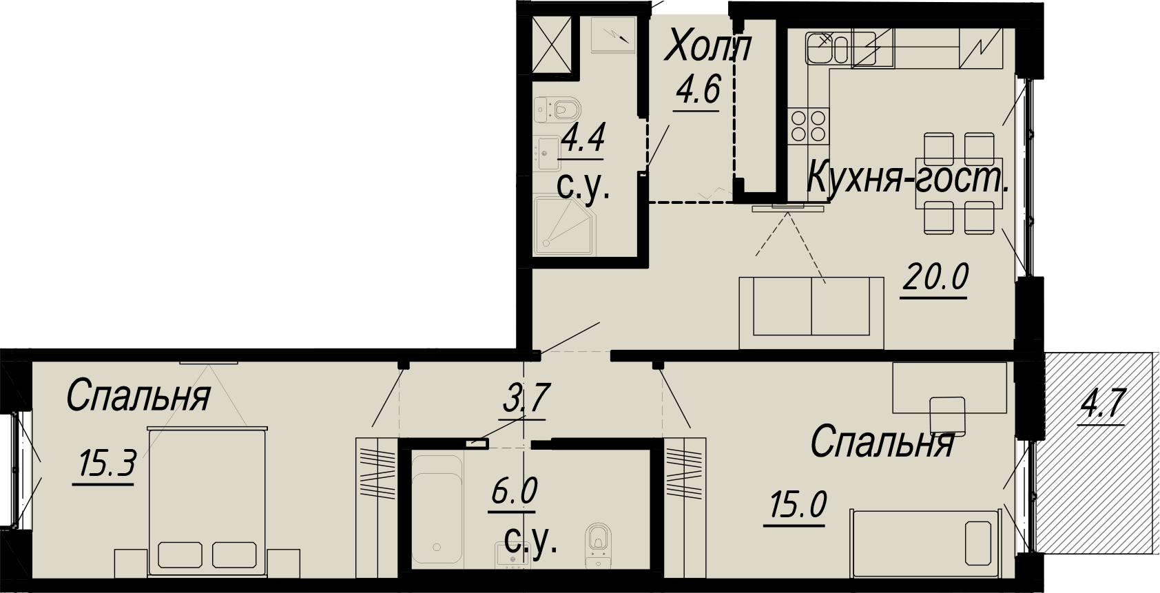 2 комн. квартира, 71.3 м², 6 этаж 