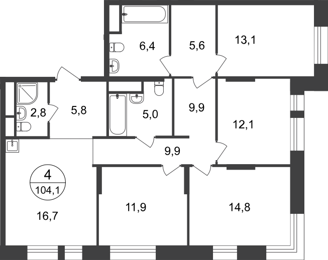 4 комн. квартира, 104.1 м², 22 этаж  (из 22)