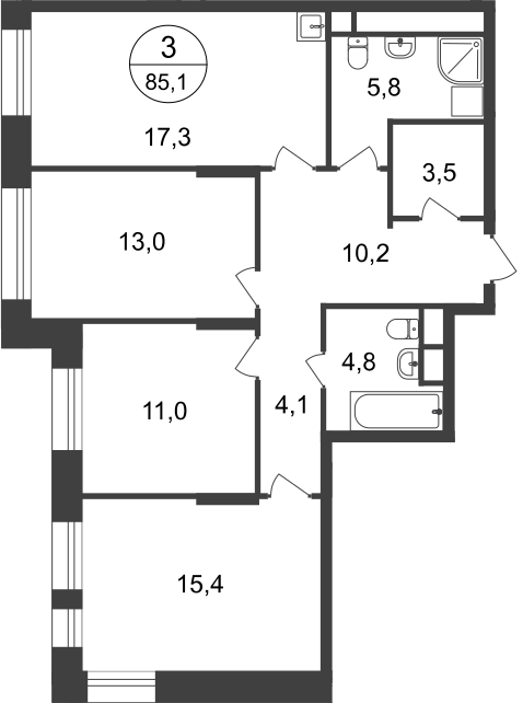 3 комн. квартира, 85.1 м², 19 этаж  (из 22)