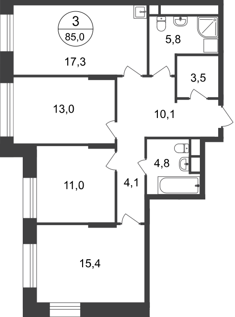 3 комн. квартира, 85 м², 16 этаж  (из 22)