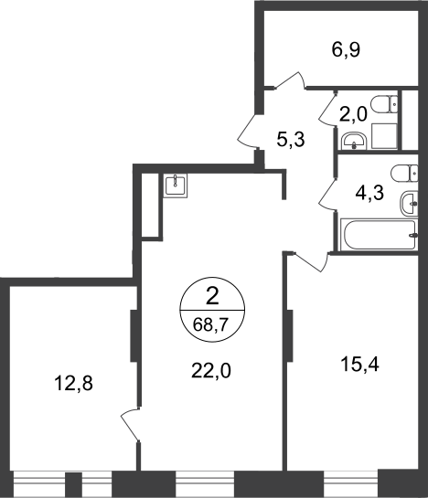 2 комн. квартира, 68.7 м², 22 этаж  (из 22)