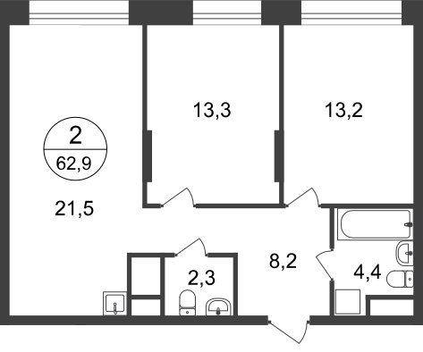 2 комн. квартира, 62.9 м², 20 этаж  (из 22)