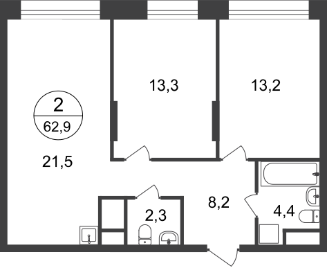 2 комн. квартира, 62.9 м², 18 этаж  (из 22)