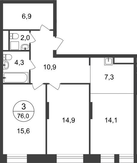 3 комн. квартира, 76 м², 16 этаж  (из 22)