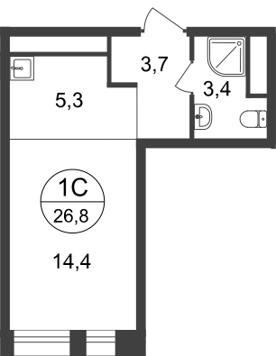 студия, 26.8 м², 19 этаж  (из 22)