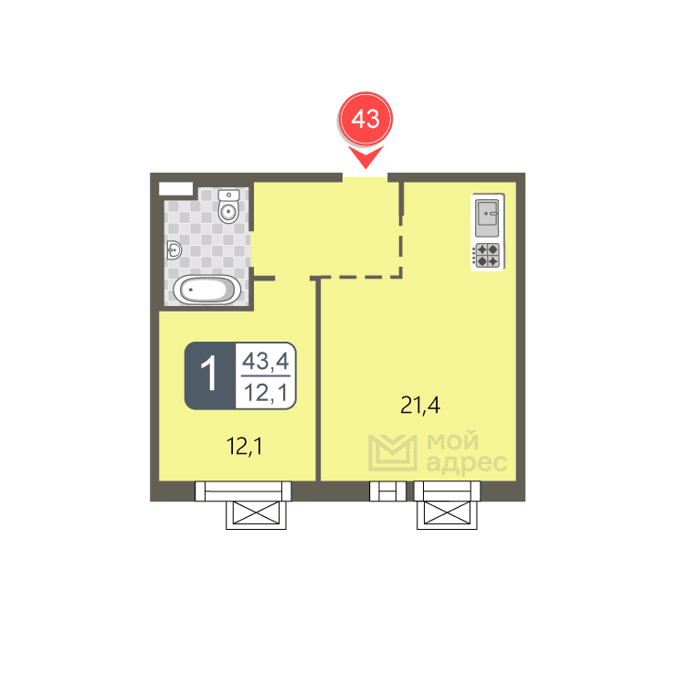 1 комн. квартира, 43.4 м², 12 этаж 