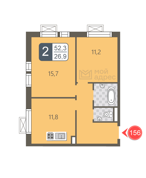 2 комн. квартира, 52.3 м², 17 этаж 