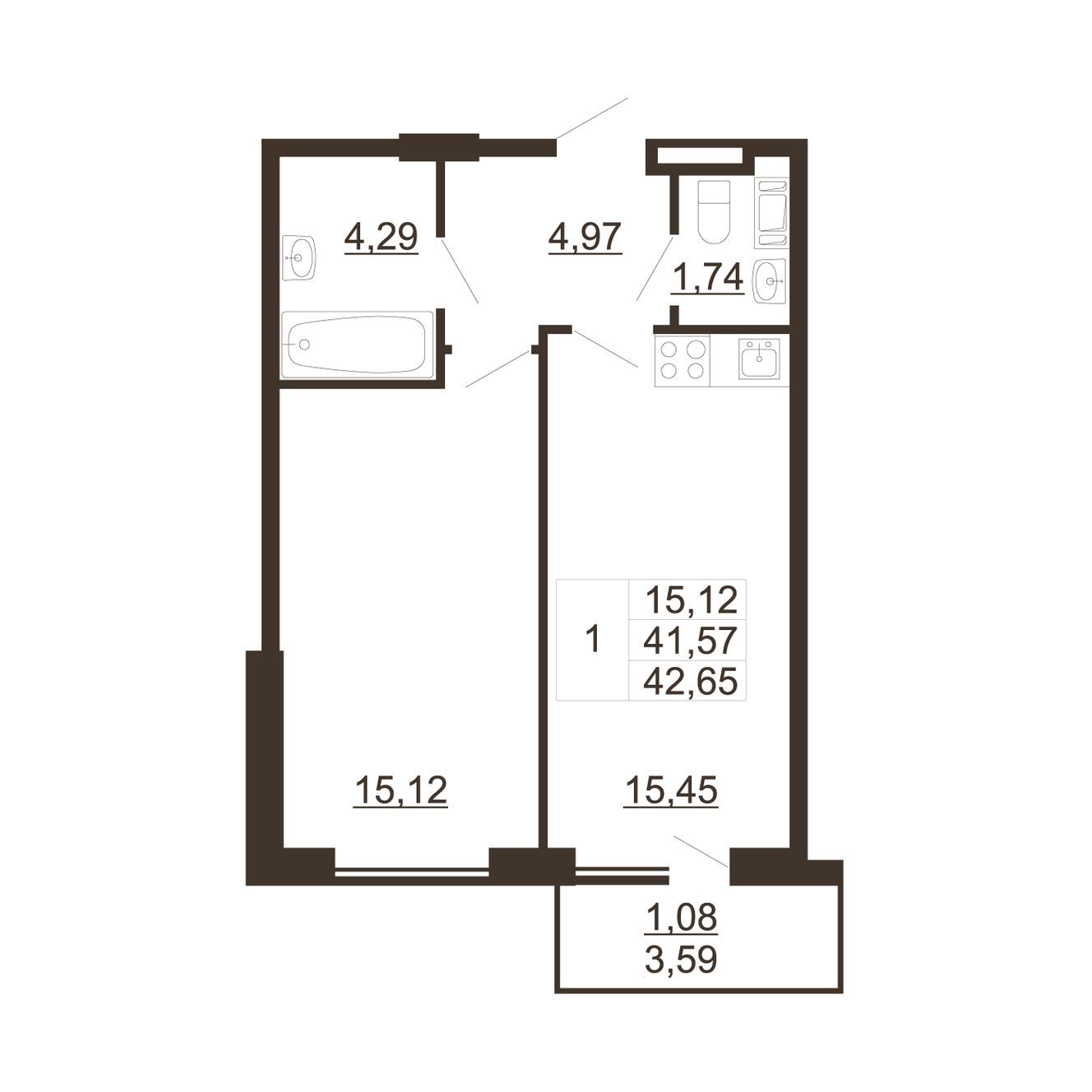 1 комн. квартира, 42.6 м², 2 этаж 