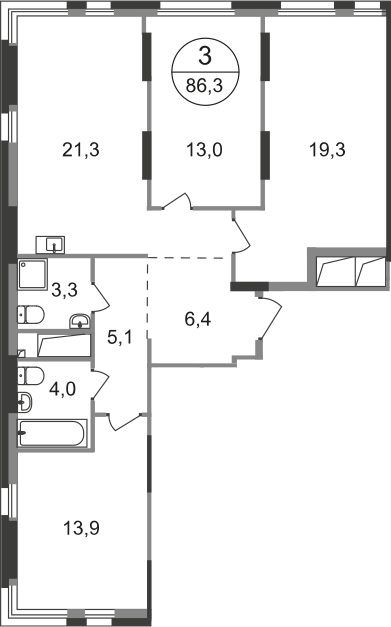3 комн. квартира, 86.3 м², 16 этаж  (из 19)