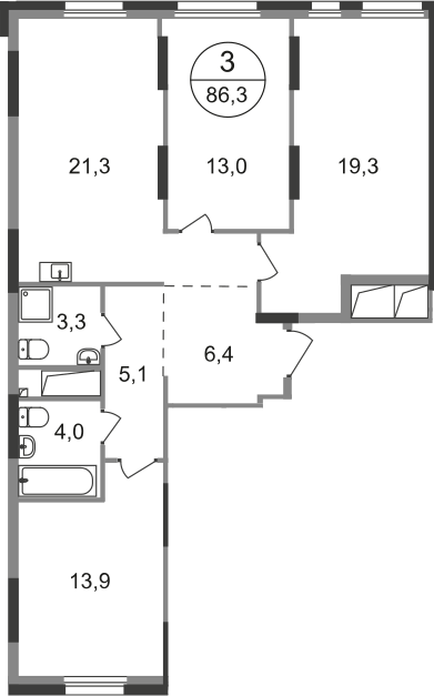 3 комн. квартира, 86.3 м², 14 этаж  (из 19)