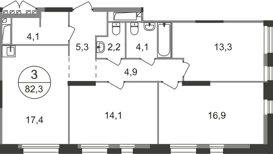 3 комн. квартира, 82.3 м², 17 этаж  (из 19)
