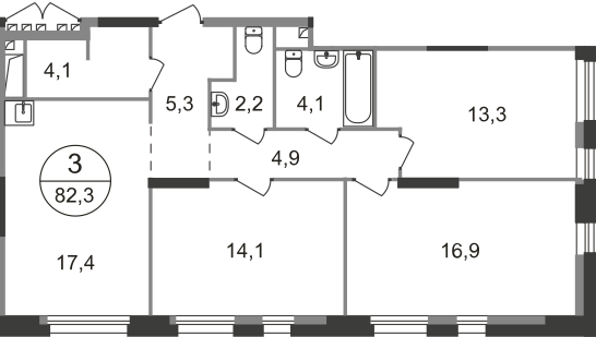 3 комн. квартира, 82.3 м², 13 этаж  (из 19)