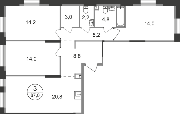 3 комн. квартира, 87 м², 1 этаж  (из 19)
