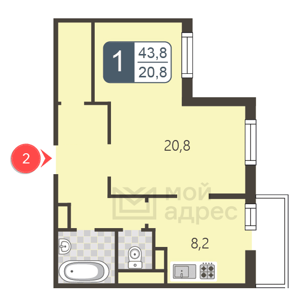 1 комн. квартира, 43.8 м², 2 этаж 