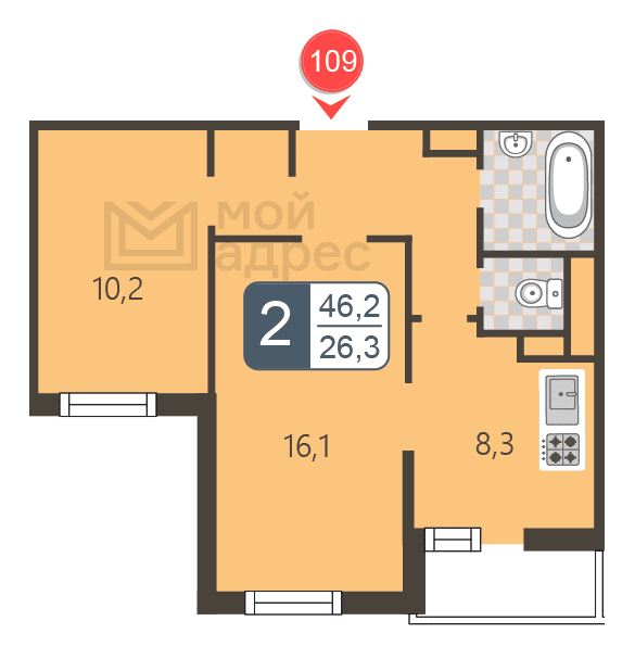 2 комн. квартира, 46.2 м², 6 этаж 