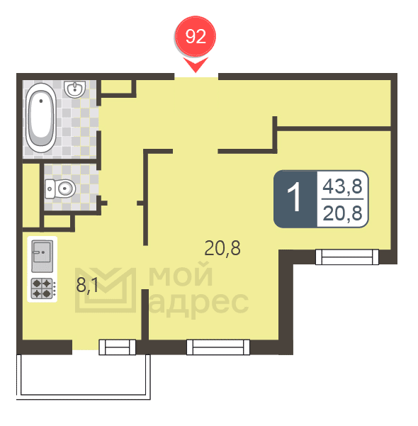 1 комн. квартира, 43.8 м², 2 этаж 
