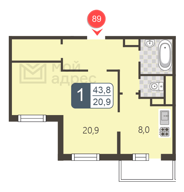 1 комн. квартира, 43.8 м², 9 этаж 